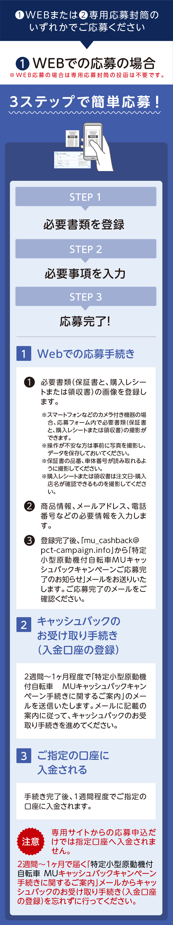 ①Webまたは②専用応募封筒のいずれかでご応募ください ①Webでの応募の場合「3ステップで簡単応募！」※Web応募の場合は専用応募封筒の投函は不要です。
