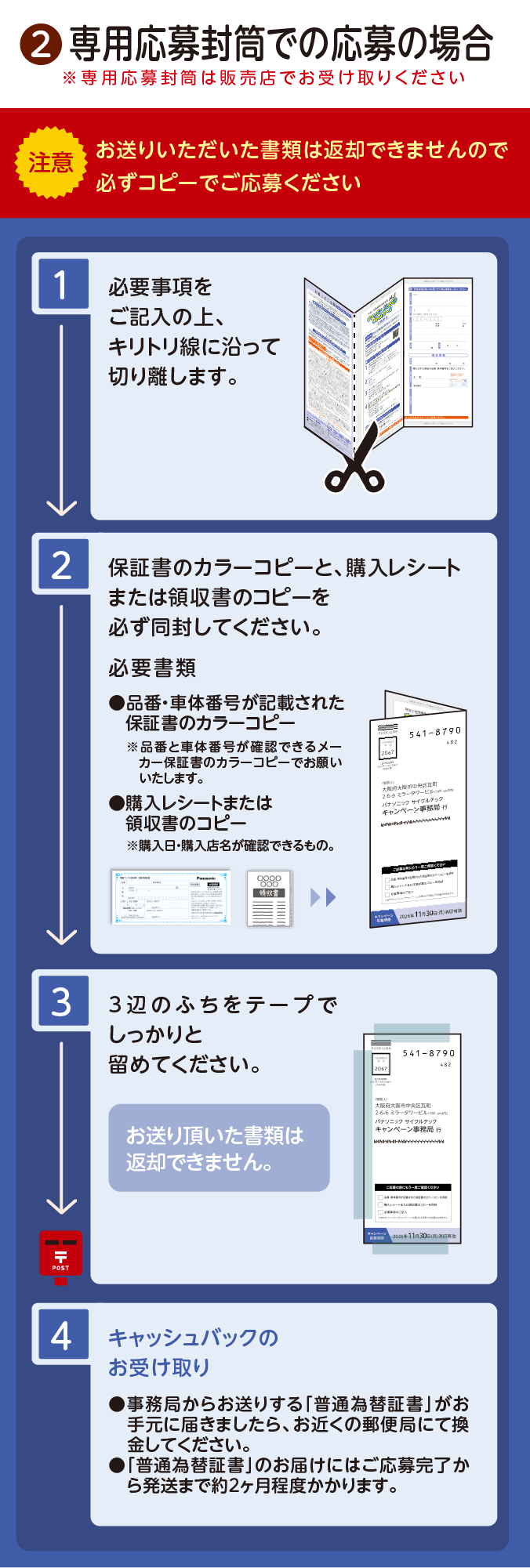  ②専用応募封筒での応募の場合「注意！お送りいただいた書類は返却できませんので必ずコピーでご応募ください」 ※専用応募封筒は販売店でお受け取りください