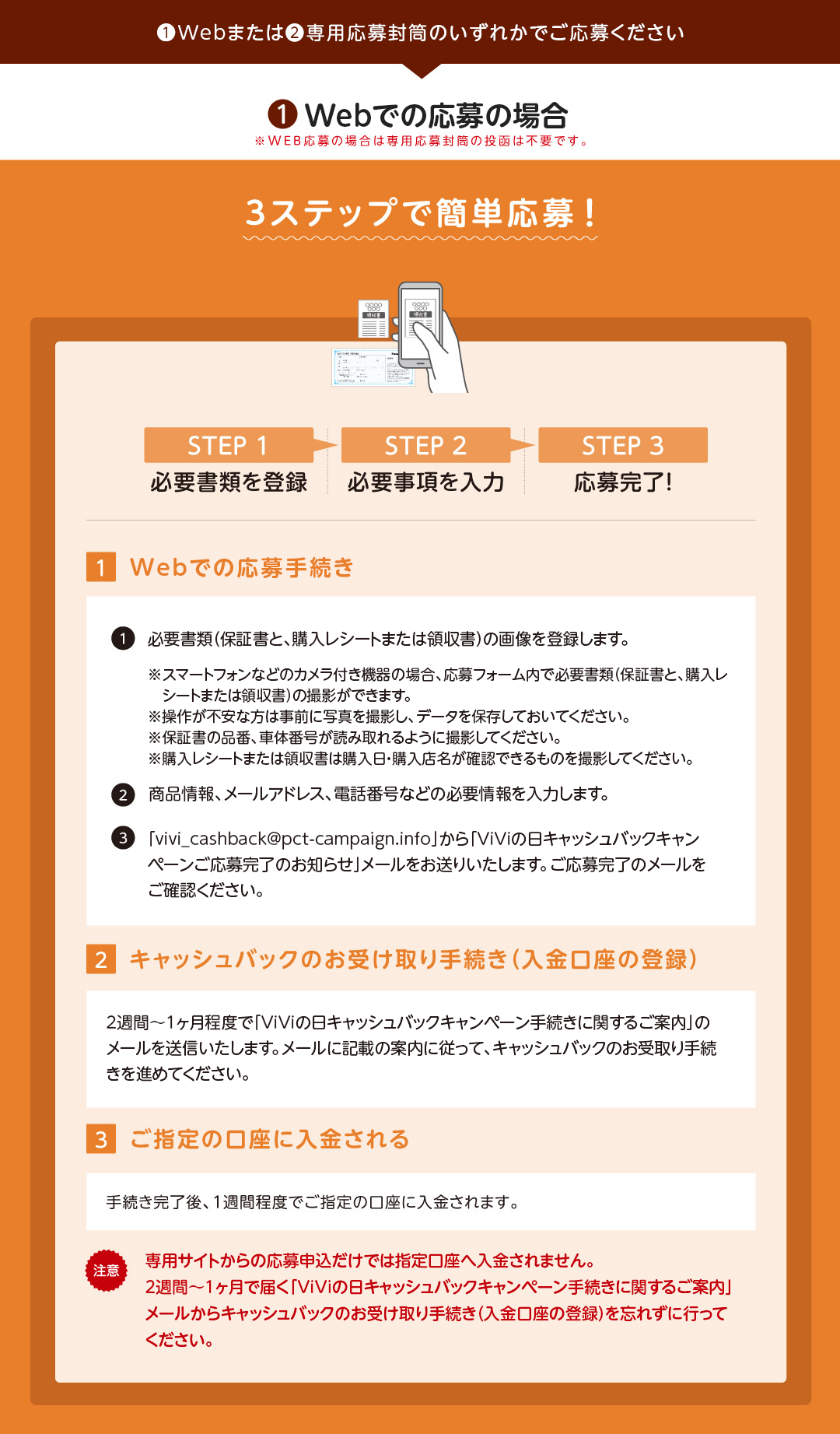 ①Webまたは②専用応募封筒のいずれかでご応募ください ①Webでの応募の場合「3ステップで簡単応募！」※Web応募の場合は専用応募封筒の投函は不要です。