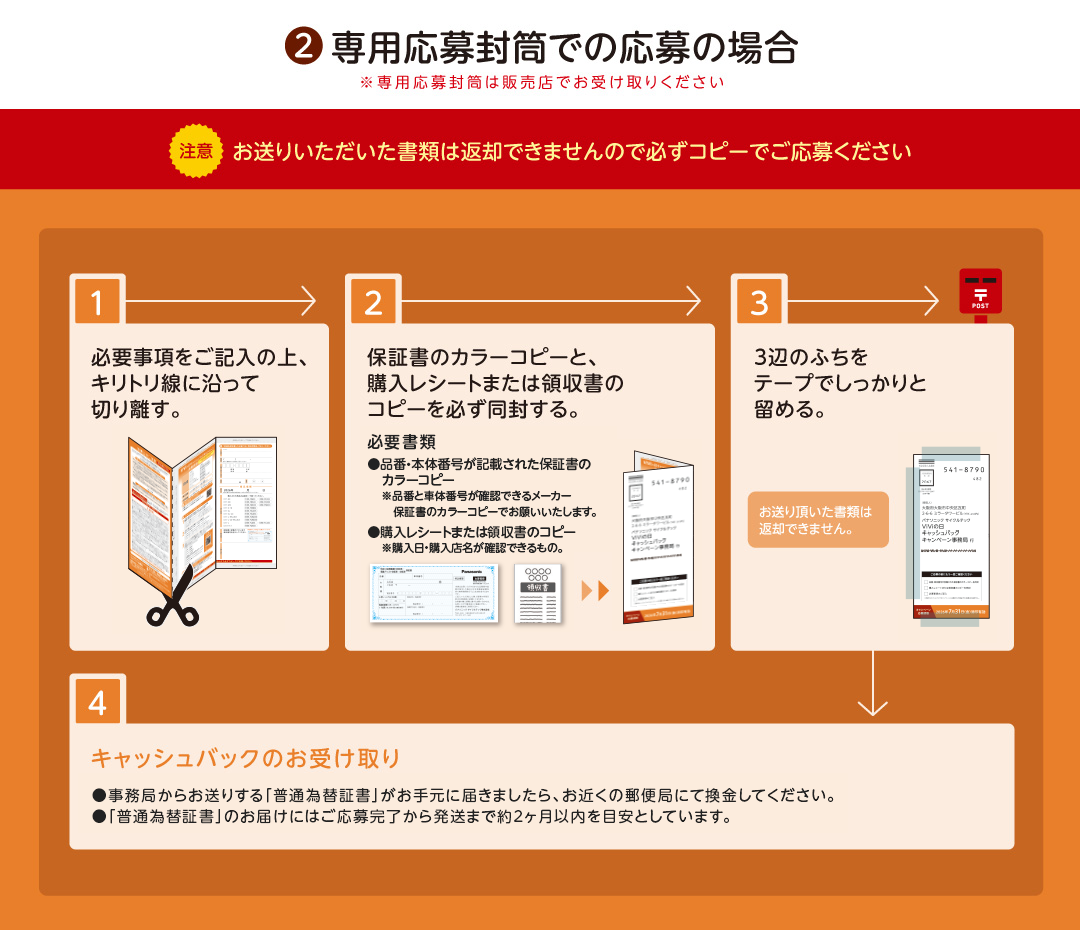  ②専用応募封筒での応募の場合「注意！お送りいただいた書類は返却できませんので必ずコピーでご応募ください」 ※専用応募封筒は販売店でお受け取りください